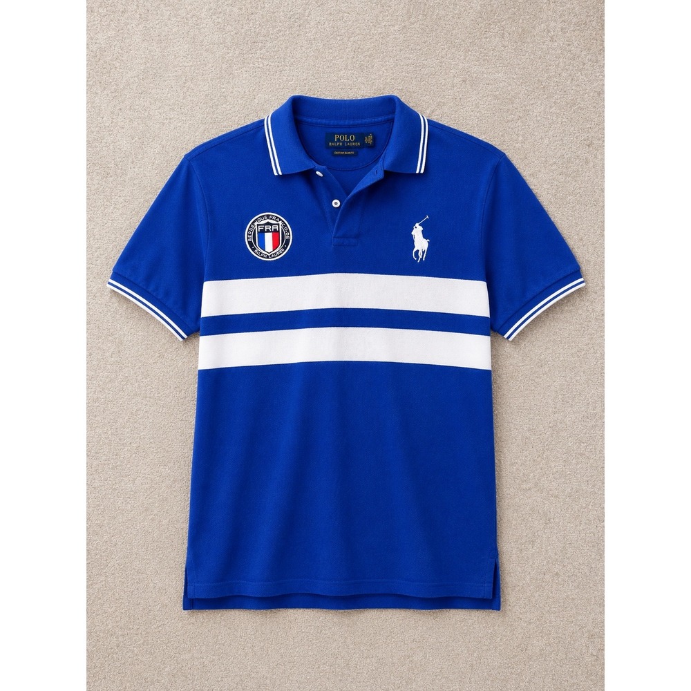 Polo Ralph Lauren Men Polo Shirt XL Blue Custom Slim Fit France Crest Striped - Picture 2 of 7